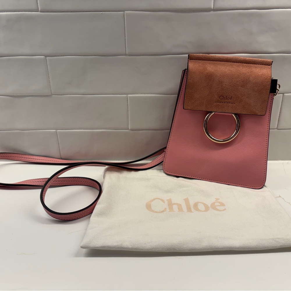 Chloé Pink Leather Crossbody with Suede Flap and Gold Ring